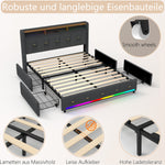 Multifunctional gestoffeerd bedframe with LED-lighting and opberghoofdbord and USB-charging station, 4 laden, wooden lattenbodem, gray.