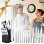 15-piece keukenknife set with knives and handles of high-quality carbon steel, 6 steak knives, black wooden block, ergonomisch