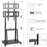 In height adjustable rolling TV floor stand with 2 tier shelves Max load 65Kg
