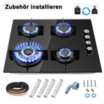 Gas cooktop 4 burners, NG/LPG omzetbaar, built-in 60cm black glass gas cooktop with wokbrander, flame protection, 8000W