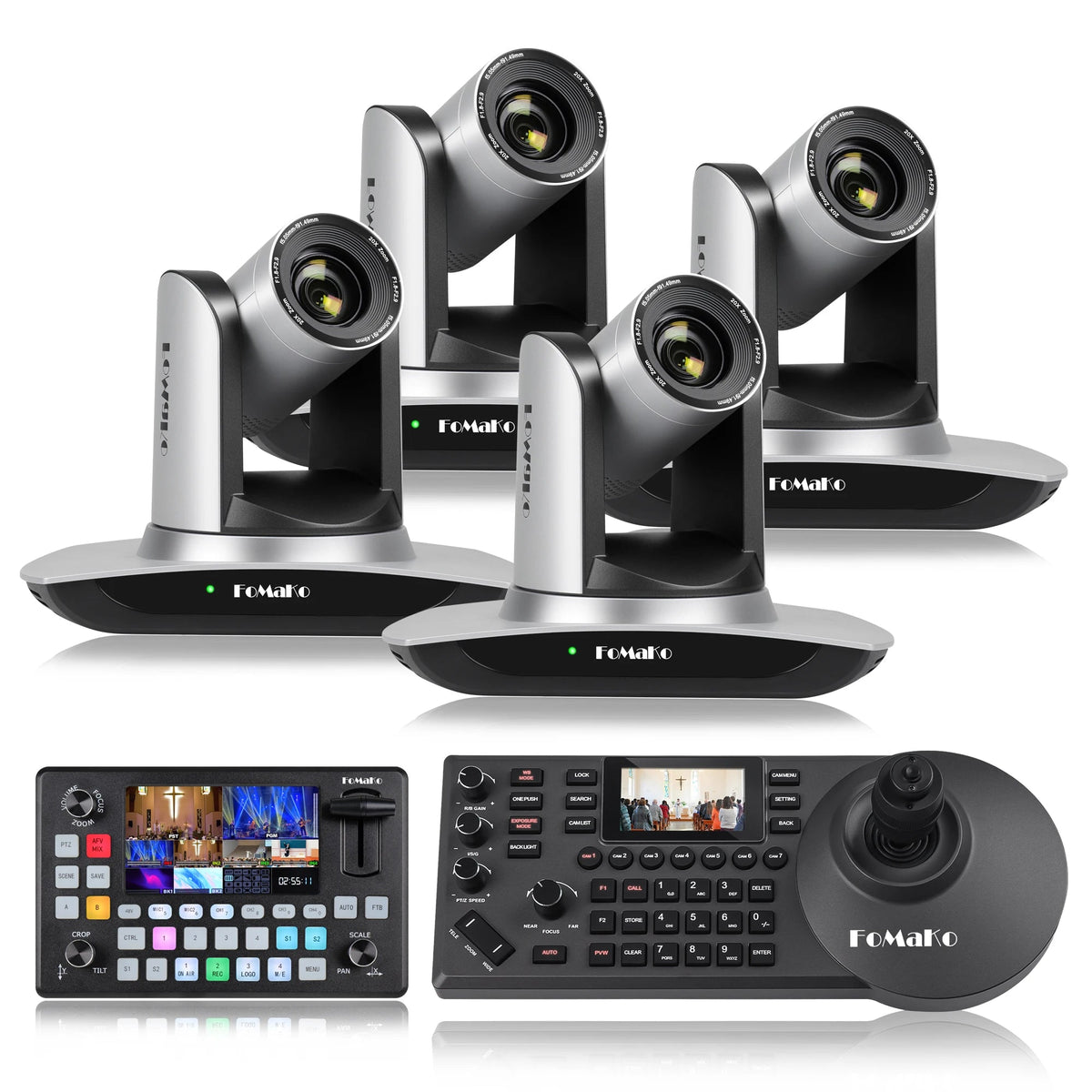 Bh640 4 * Fmk12uh Pro (20x) Sdi Hd Mi Ptz Camerabundel with 1Pc Ptz Camera Ptz Controller Joystick and 1Pc Video Mixer Switch