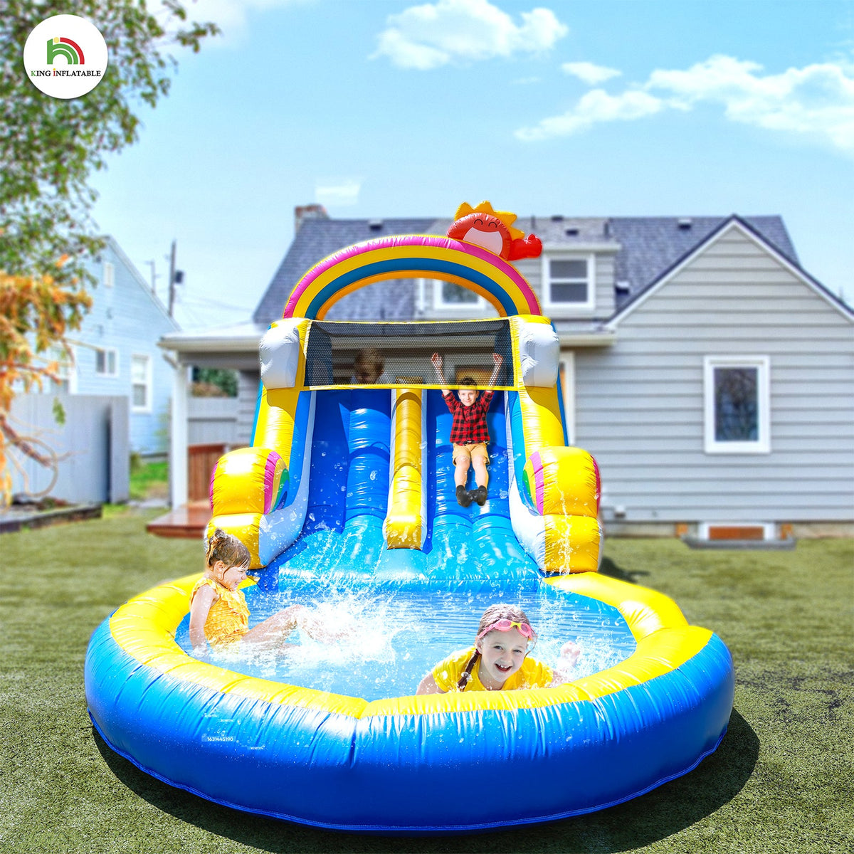 commercial PVC dual track inflatable slide for outdoor, inflatable water slide with splash pool and climbing wall