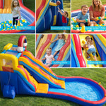 Commercial inflatable slide for outdoor use, rainbow theme, with climbing wall, ball pit, ring toss and basketball