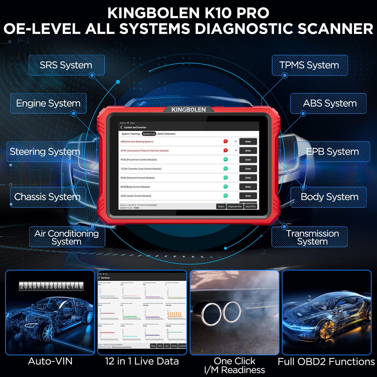 Kingbolen K10 PRO Full system OBD2 Scanner Auto Diagnostic tool 40 Resets ECU coding Active test
