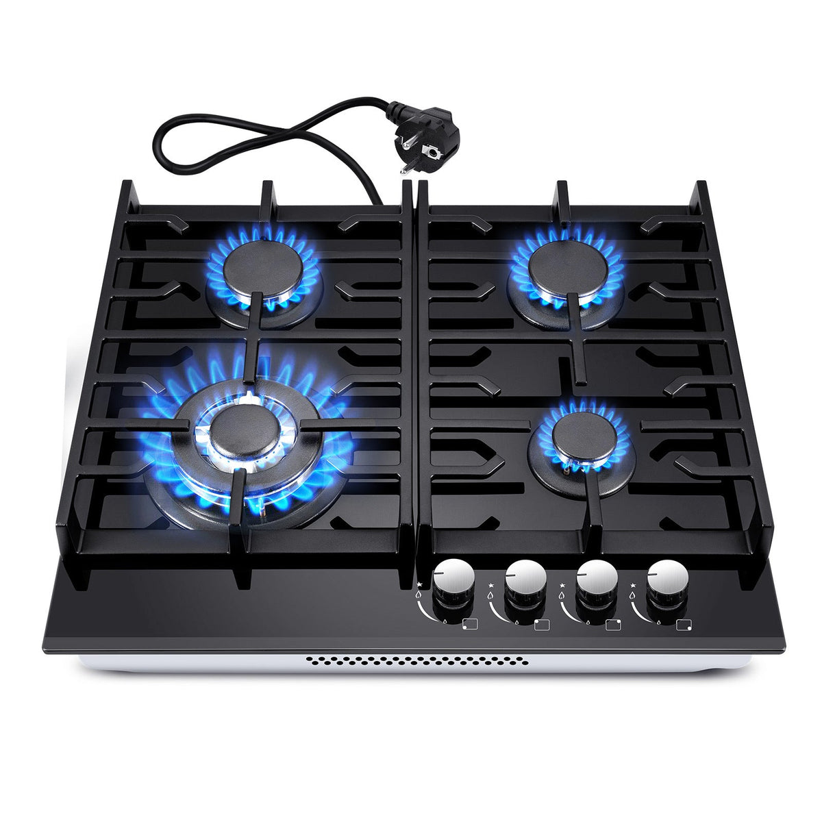 Gas cooktop 4 burners, 60cm black glass gas cooktop, built-in gas cooktop with cast iron support, gas cooktop with flame protection