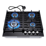 Gas cooktop 4 burners, 60cm black glass gas cooktop, built-in gas cooktop with cast iron support, gas cooktop with flame protection