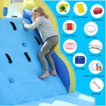 Commercial dual-lane inflatable water slide bounce house with ball pit, climbing wall, splash pool, ring toss, basketball hoop, blower