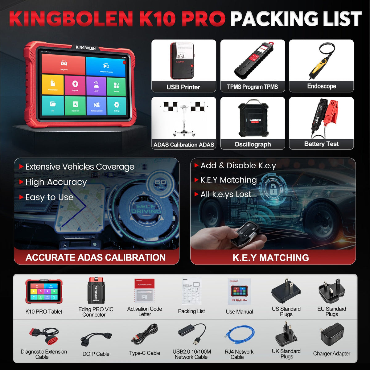 US EU Warehouse KINGBOLEN K10 PRO All system Auto diagnostic tool 34 Resets IMMO/GPF Resets ECU coding Active Test