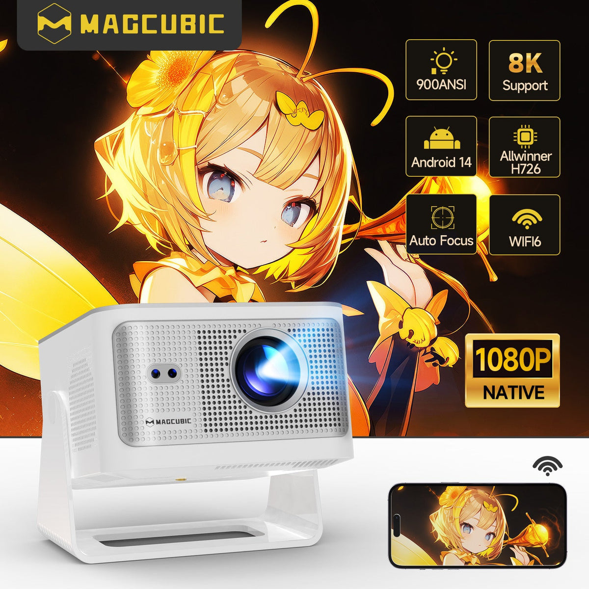 portable HY350MAX MAGCUBIC Autofocus Smart Projector 1080P 8K support Android14 WiFi6 BT5.4 2+16G portable Video Home Theater