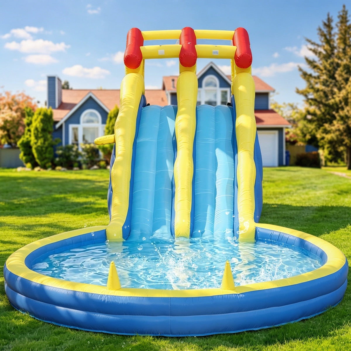 Commercial dual-lane inflatable water slide bounce house with ball pit, climbing wall, splash pool, ring toss, basketball hoop, blower