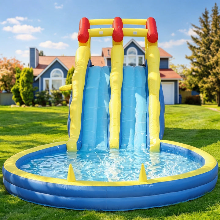 Commercial dual-lane inflatable water slide bounce house with ball pit, climbing wall, splash pool, ring toss, basketball hoop, blower