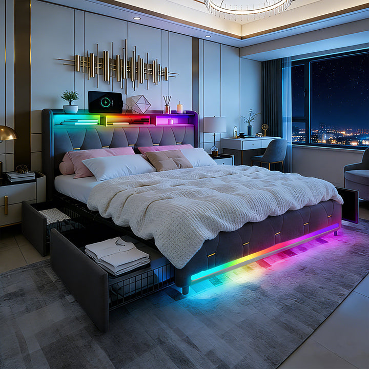 Multifunctional gestoffeerd bedframe with LED-lighting and opberghoofdbord and USB-charging station, 4 laden, wooden lattenbodem, gray.