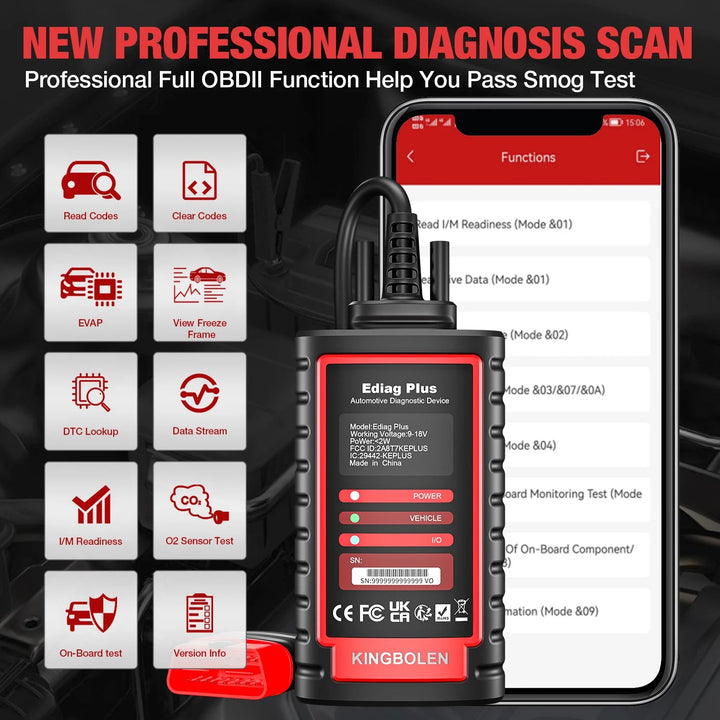 Kingbolen Ediag Plus Bluetooth Scanner, all-system bidirectional OBD2 diagnostic scanner for ios & Android with ECU coding