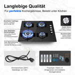 Gas cooktop 4 burners, NG/LPG omzetbaar, built-in 60cm black glass gas cooktop with wokbrander, flame protection, 8000W