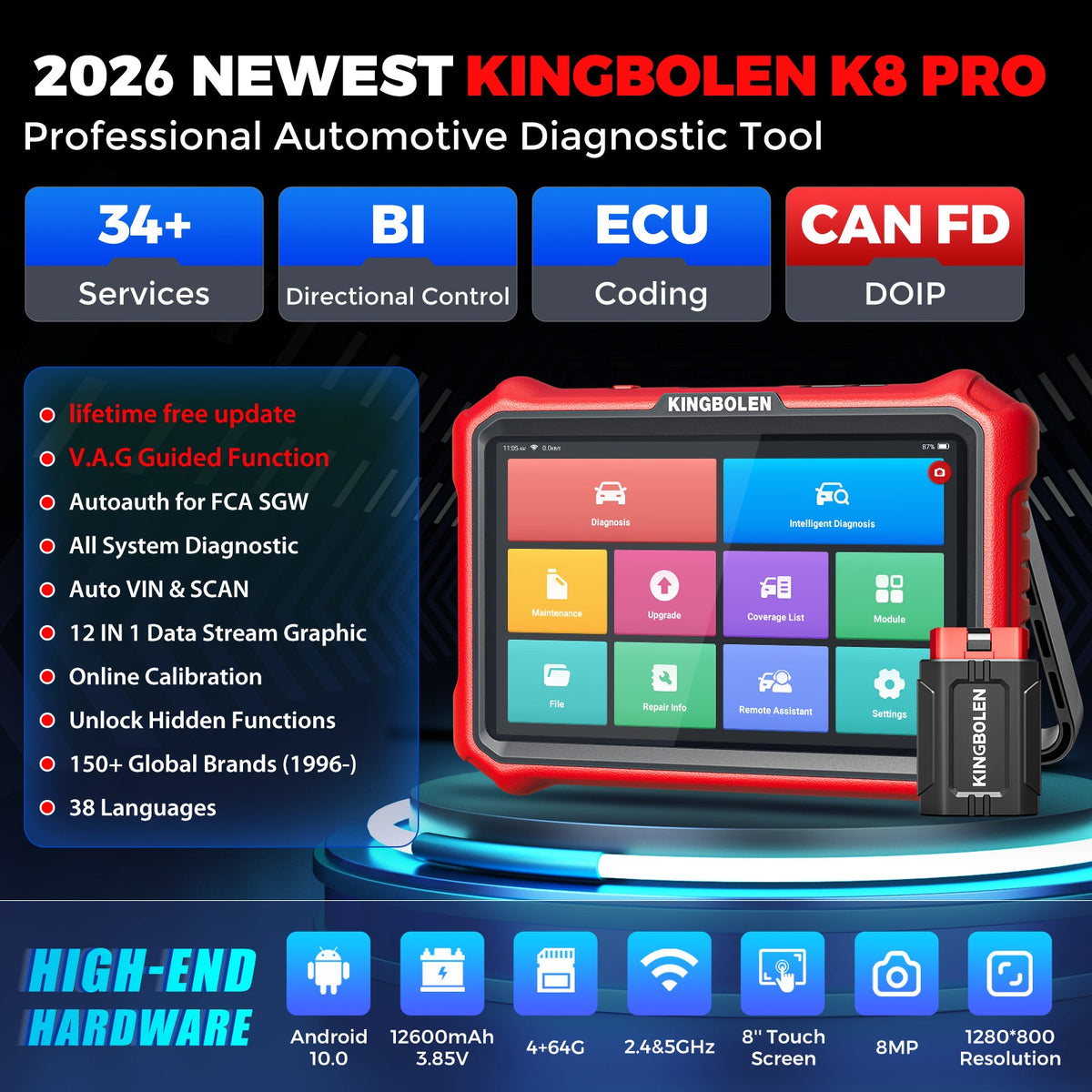 US EU Warehouse KINGBOLEN K8 PRO Bluetooth car diagnostic tool OBD2 Scanner with lifetime free PK 689BT