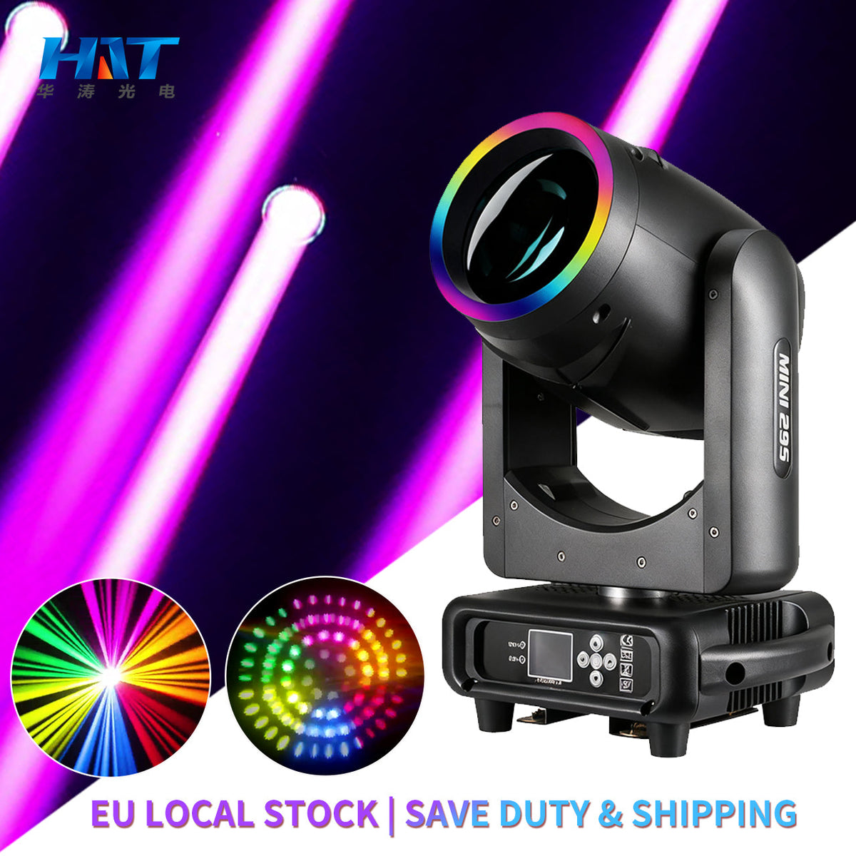 on stock European warehouse Professional lighting Moving head stage lighting Beam 295 DJ-lighting Mini with RGB LED-ring