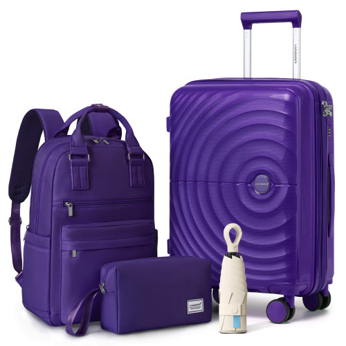 Elegant purple luggage set with 20 inch carry-on, backpack, bag & umbrella, lightweight hardcase suitcase with 360 degree wheels ° swivel wheels