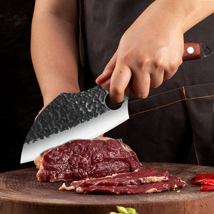 Ultrascherp Japans slagersmes with vingeropening, ontbeenmes, meat cleaver, stainless steel chef knife, full tang, wooden handle