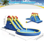 Commercial dual-lane inflatable water slide bounce house with ball pit, climbing wall, splash pool, ring toss, basketball hoop, blower