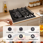 Gas cooktop 4 burners, 60cm black glass gas cooktop, built-in gas cooktop with cast iron support, gas cooktop with flame protection