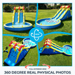 Commercial dual-lane inflatable water slide bounce house with ball pit, climbing wall, splash pool, ring toss, basketball hoop, blower