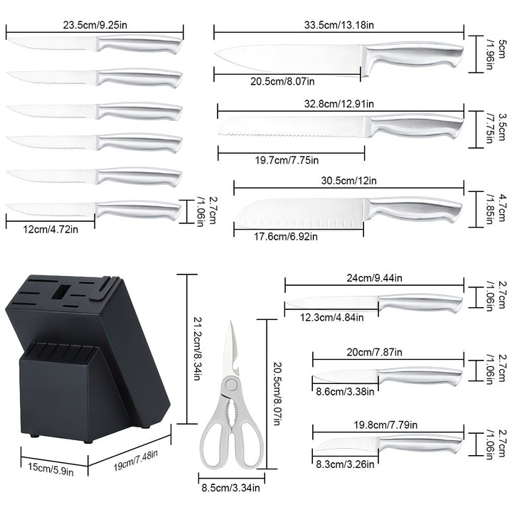 14-piece knife set in stainless steel with sharpening rod, professional kitchen knives