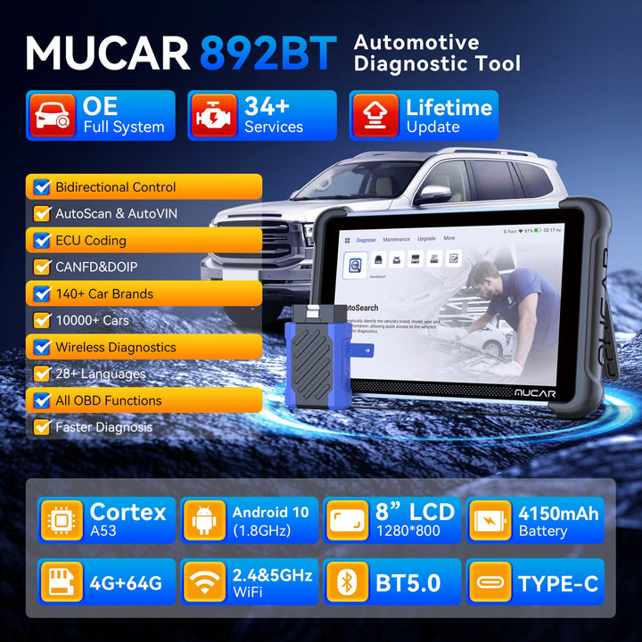 MUCAR 892BT AI-geassisteerde bidirectional scan tool, full system OBD2 scanner, ECU coding, 34 services, CAN FD, DoIP, free l