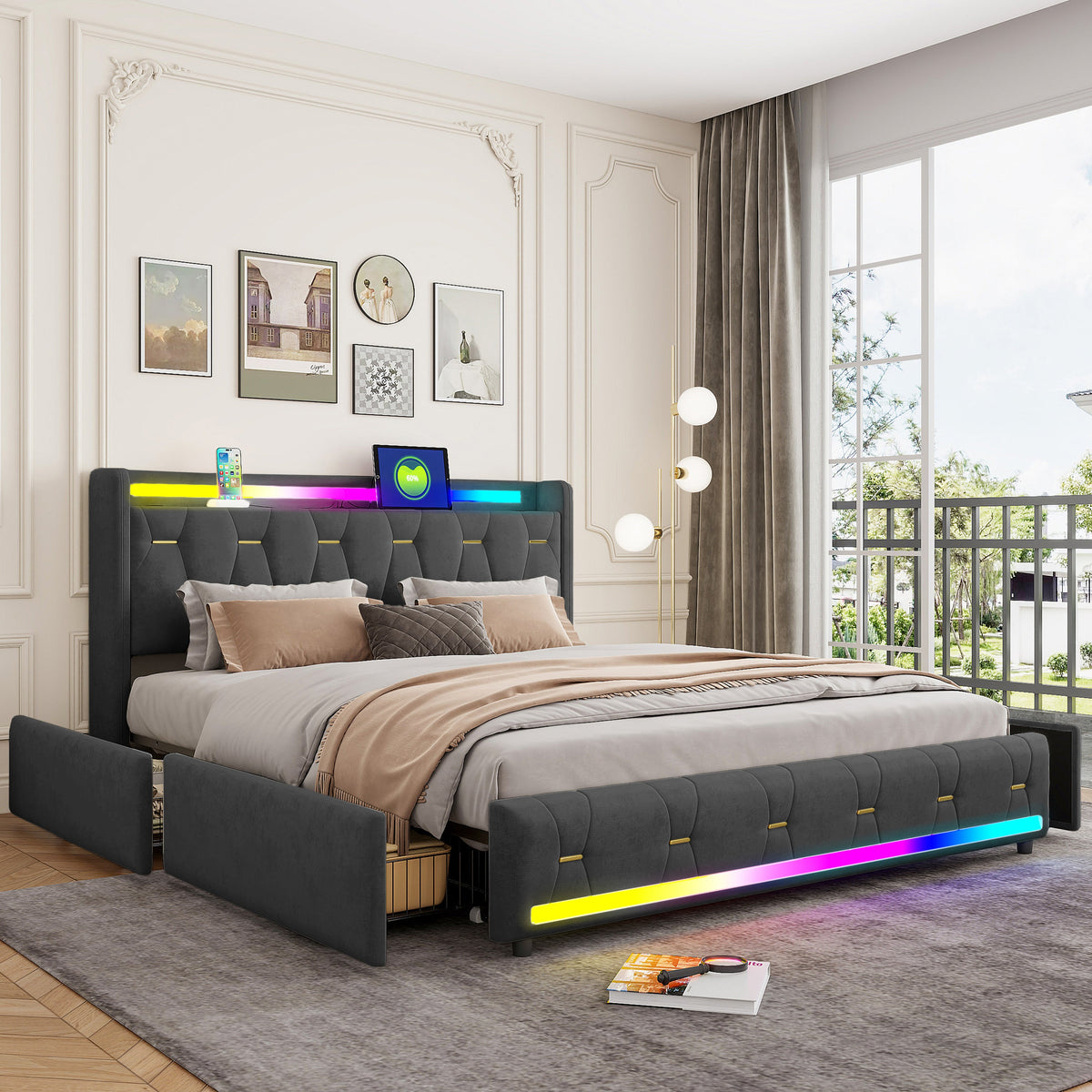 Luxueus bedframe with opbergruimte, multifunctional, RGB LED-lighting, Bluetooth audio, wireless charger and USB-C poort.