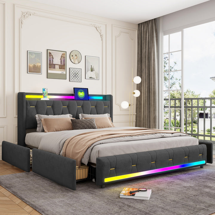 Luxueus bedframe with opbergruimte, multifunctional, RGB LED-lighting, Bluetooth audio, wireless charger and USB-C poort.