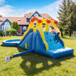 Commercial dual-lane inflatable water slide bounce house with ball pit, climbing wall, splash pool, ring toss, basketball hoop, blower