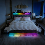 Multifunctional gestoffeerd bedframe with LED-lighting and opberghoofdbord and USB-charging station, 4 laden, wooden lattenbodem, gray.