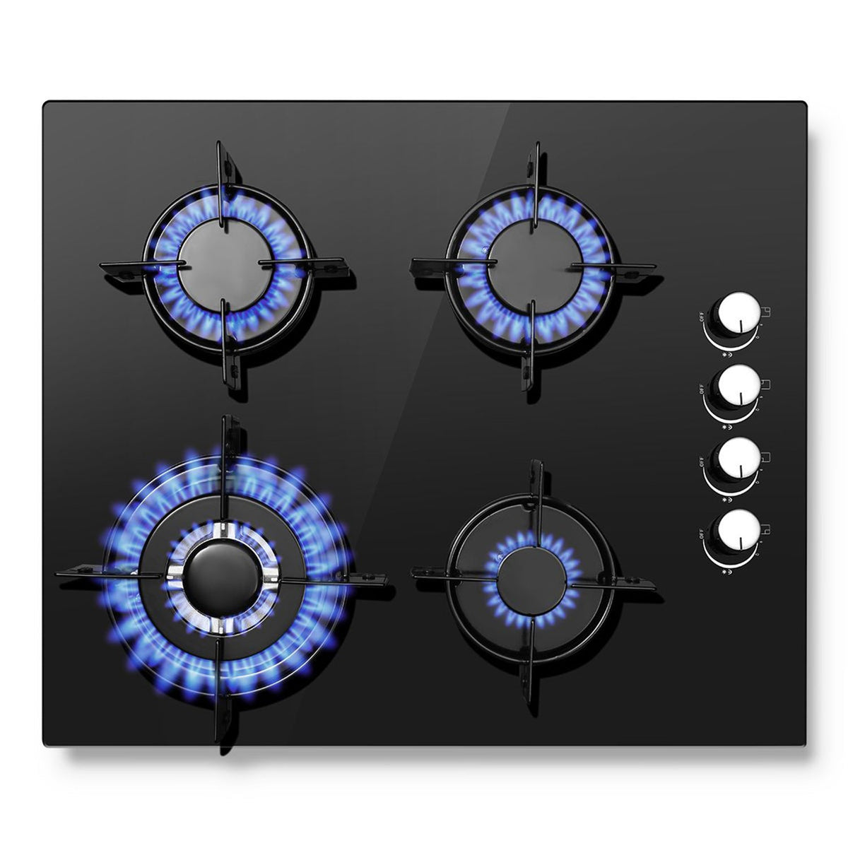 Gas cooktop 4 burners, NG/LPG omzetbaar, built-in 60cm black glass gas cooktop with wokbrander, flame protection, 8000W