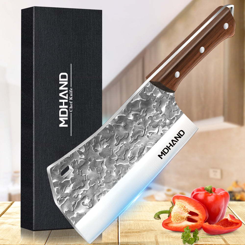 7 inch butcher knife, meat cleaver, chef knife with sheath, zwaar uitgevoerd beenhakmes with full gevormd wooden handle