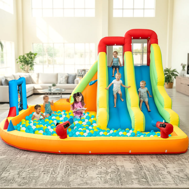 Inflatable Dual-Lane Water Slide Bounce-House Combo for Kids with Water Pool, Trampoline, Target Net, Basket and Climbing Frame