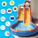 Commercial inflatable slide for outdoor use, rainbow theme, with climbing wall, ball pit, ring toss and basketball