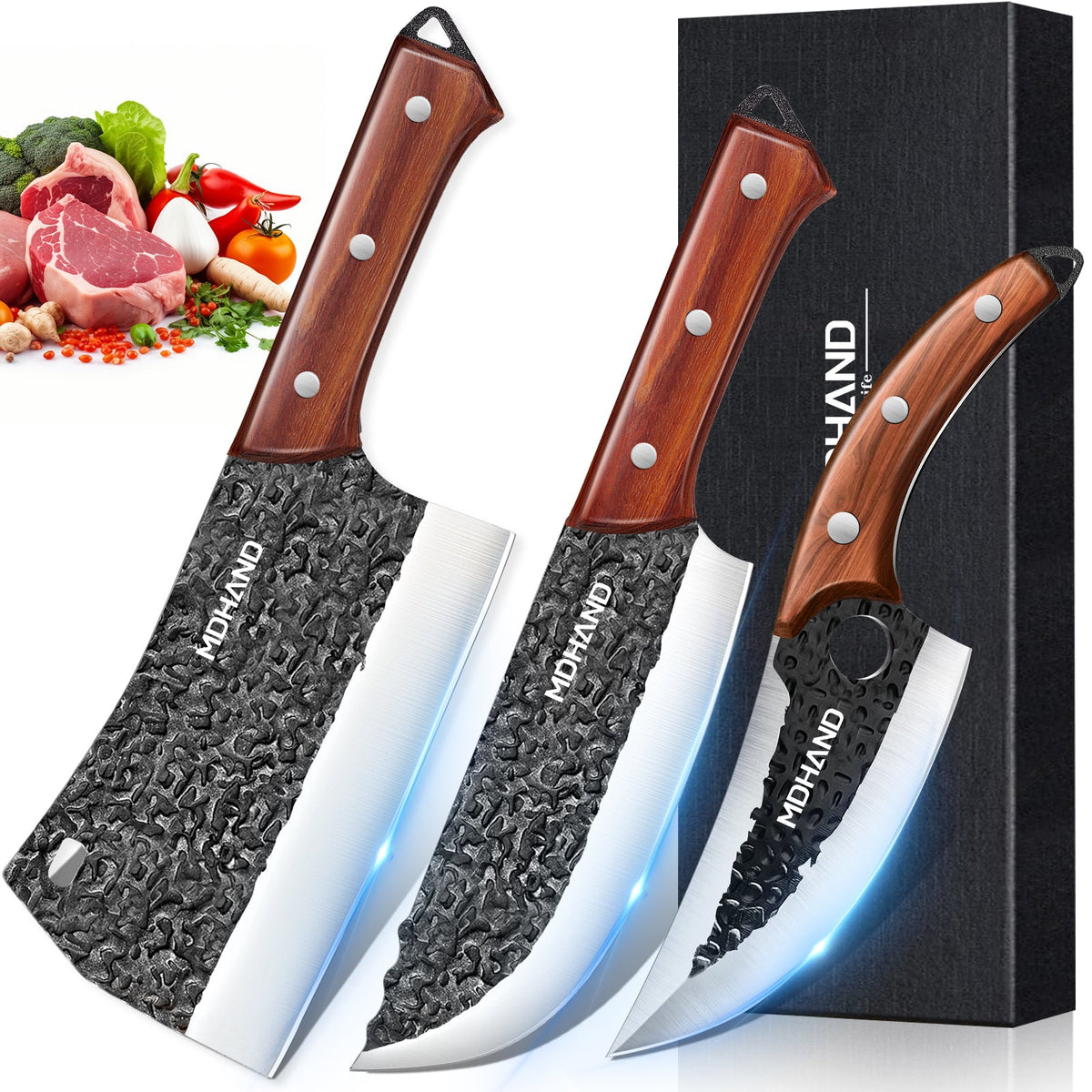 Hand-forged chef knife set of high-quality carbon steel, including meat cleaver, for buitenkeuken
