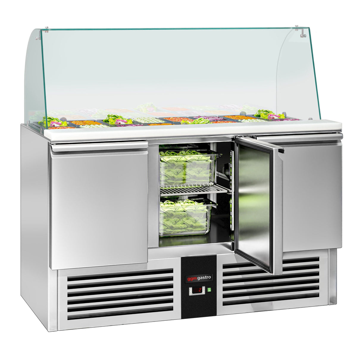 GGM Gastro Saladette PREMIUM Prep Counter Refrigeration 1368mm Three-Door Model high Glass Top A+++ Energy-Efficient automati