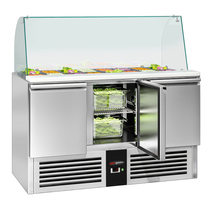 GGM Gastro Saladette PREMIUM Prep Counter Refrigeration 1368mm Three-Door Model high Glass Top A+++ Energy-Efficient automati