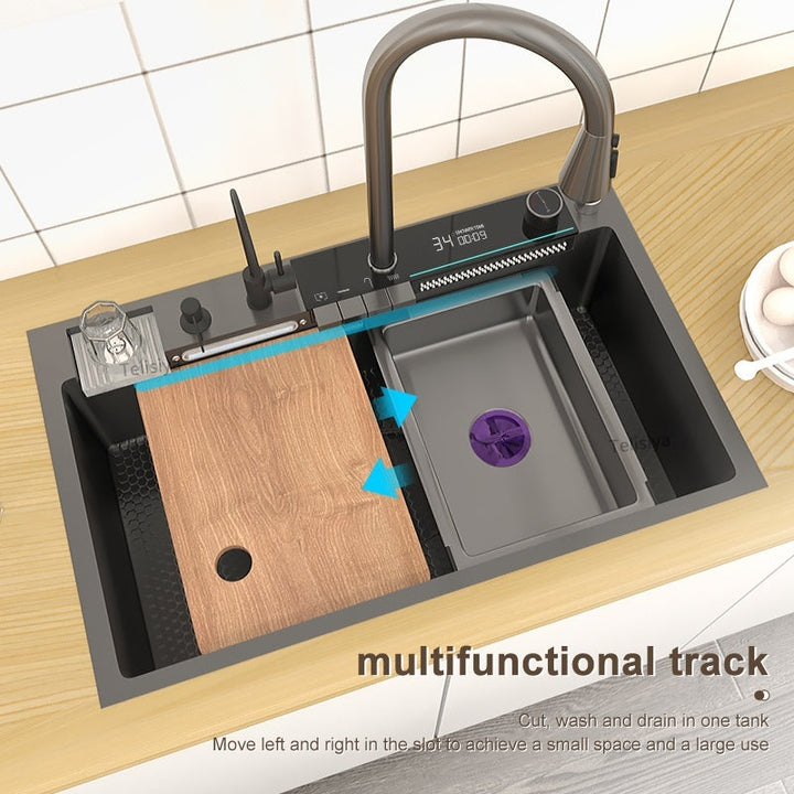 STAINLESS STEEL kitchen faucet with integratede digital display and waterval faucet, geëmbosseerde sink for kitchen