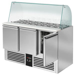 GGM Gastro Saladette PREMIUM Prep Counter Refrigeration 1368mm Three-Door Model high Glass Top A+++ Energy-Efficient automati