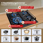 Gas cooktop 4 burners, 60cm black glass gas cooktop, built-in gas cooktop with cast iron support, gas cooktop with flame protection