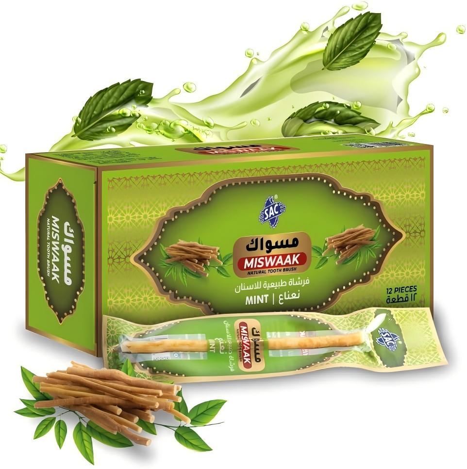 12-pack natural plant-based toothbrushes miswak sticks - vacuum packed traditional oral-care twigs with mint flavor for fresh breath