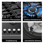 Gas cooktop 4 burners, 60cm black glass gas cooktop, built-in gas cooktop with cast iron support, gas cooktop with flame protection
