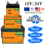 US Stock 12V LiFePO4 battery with built-in BMS 100Ah 200Ah 3000+ Deep Cycle IP54 for Maritiem, Camper, Off-grid solar-energy system