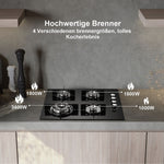 Gas cooktop 4 burners, NG/LPG omzetbaar, built-in 60cm black glass gas cooktop with wokbrander, flame protection, 8000W