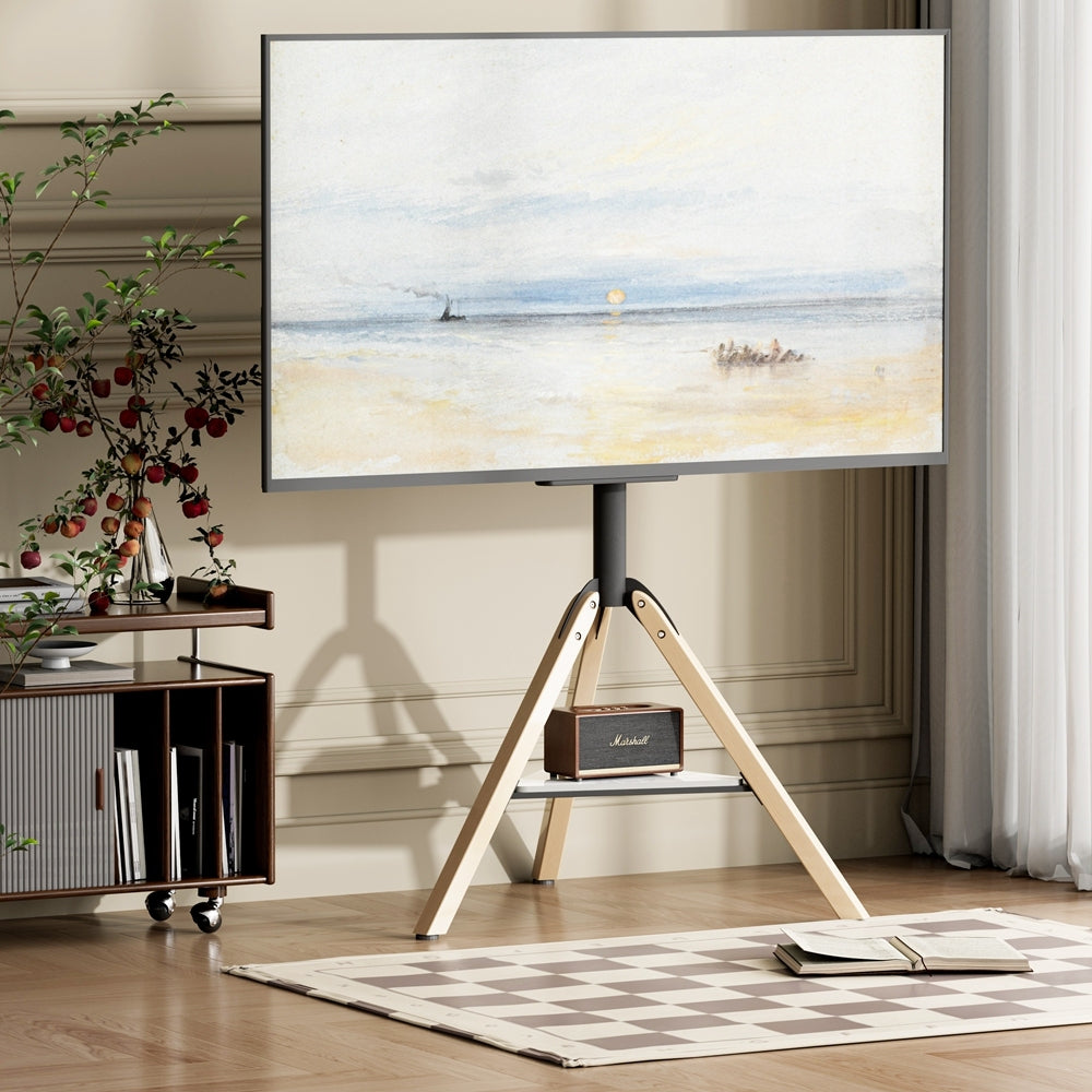 Corner TV Floor Stand with Sintered-Stone Shelf, Height-Adjustable Tripod TV Mount for 40–75 Inch Screens
