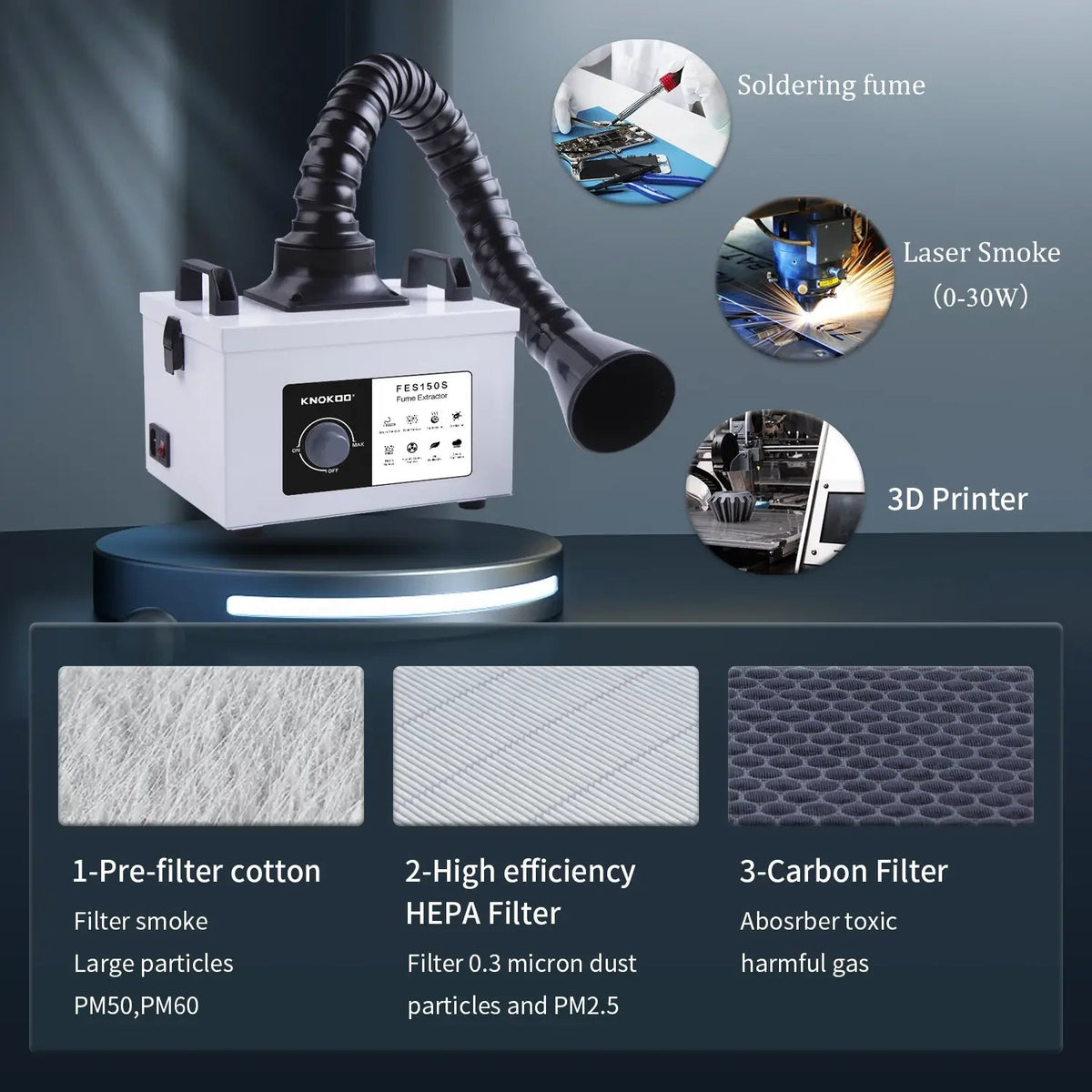EU Stock KNOKOO FES150S 100W Soldeerrookafzuiger Germany warehouse Desktop Rookafzuiger Filter for Lassen Laser 3D printer