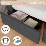 Multifunctional gestoffeerd bedframe with LED-lighting and opberghoofdbord and USB-charging station, 4 laden, wooden lattenbodem, gray.
