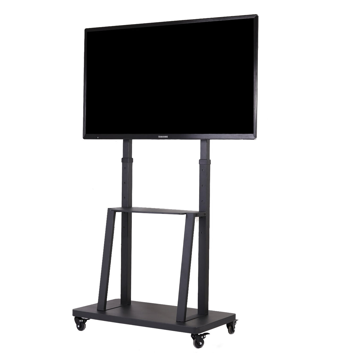 In height adjustable rolling TV floor stand with 2 tier shelves Max load 65Kg