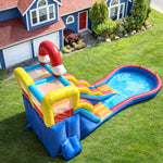 Commercial inflatable slide for outdoor use, rainbow theme, with climbing wall, ball pit, ring toss and basketball